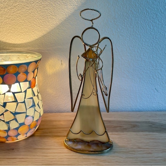 Vintage Stained Glass Angel with Violin figurine 8” Amber glass gold tone metal - Picture 1 of 6